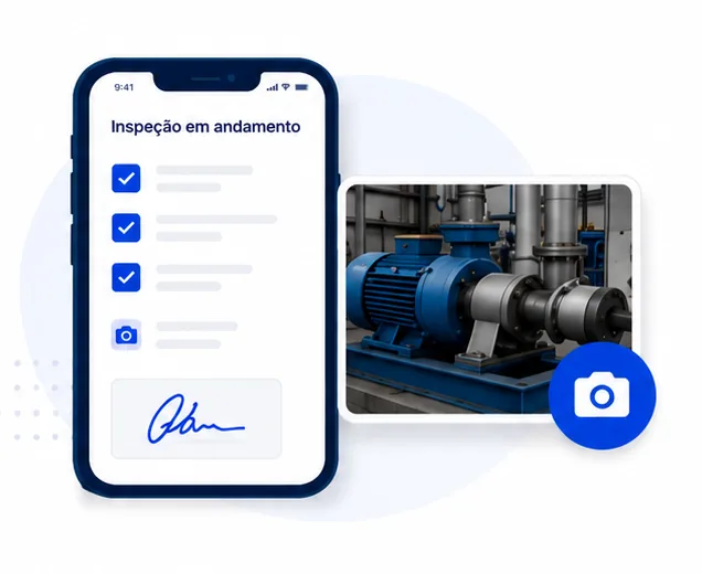 Inspeção em andamento no celular, com foto e assinatura