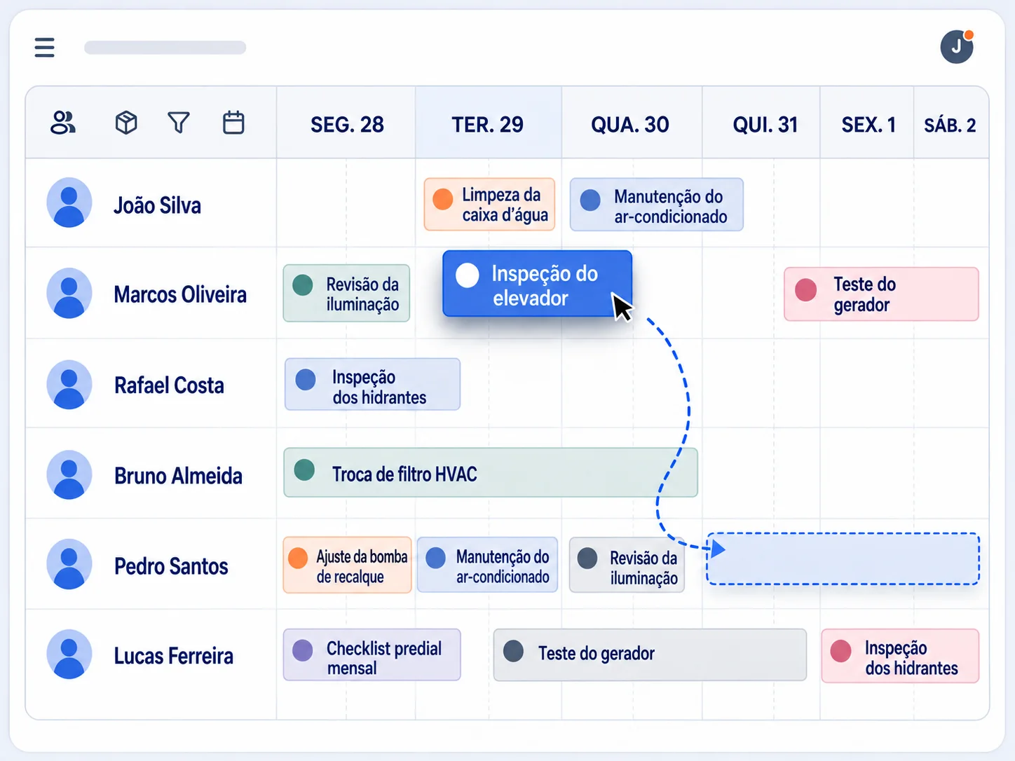 Agenda semanal do Andonize com as rotinas prediais distribuídas por técnico e por dia — limpeza da caixa d'água, manutenção do ar-condicionado, teste do gerador, inspeção dos hidrantes, checklist predial mensal — e uma tarefa sendo arrastada para outro dia