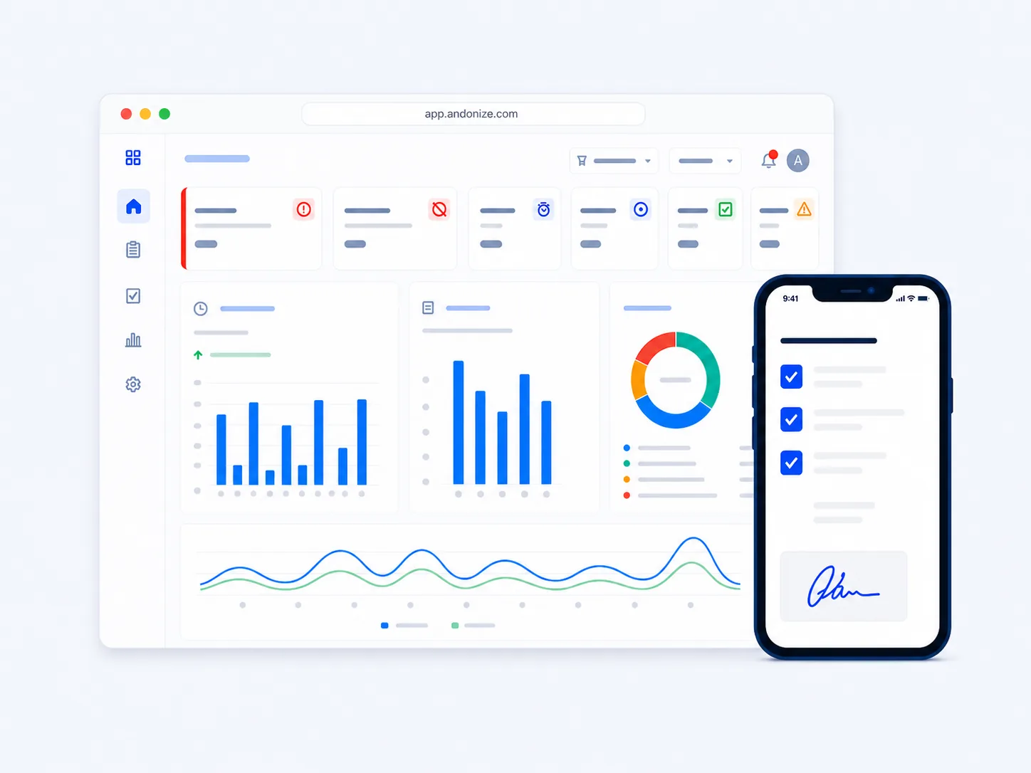 Ilustração de uma inspeção em andamento no celular, com checklist, foto e assinatura, sobre um dashboard de manutenção e uma motobomba industrial