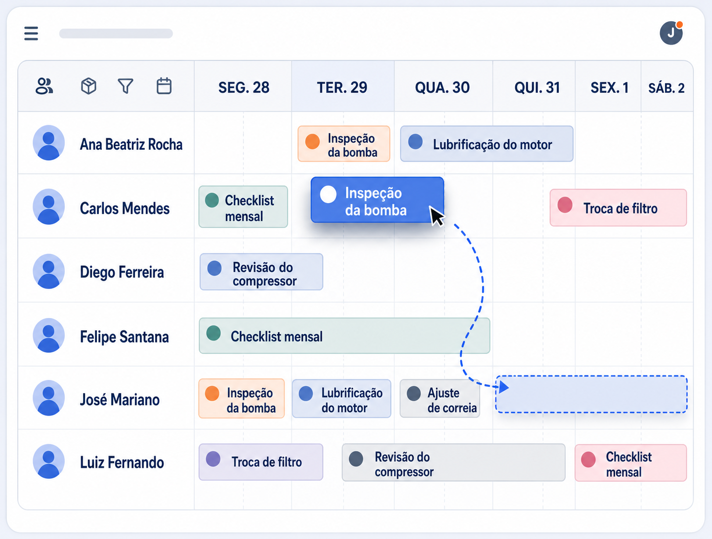 Ilustração de um planejador de recursos: a tarefa Inspeção da bomba é arrastada para uma nova posição na agenda da equipe