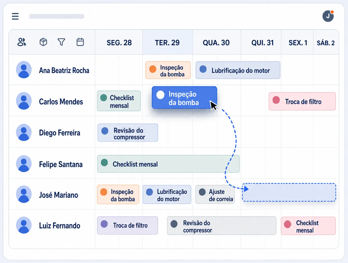 Ilustração de um planejador de recursos: a tarefa Inspeção da bomba é arrastada para uma nova posição na agenda da equipe