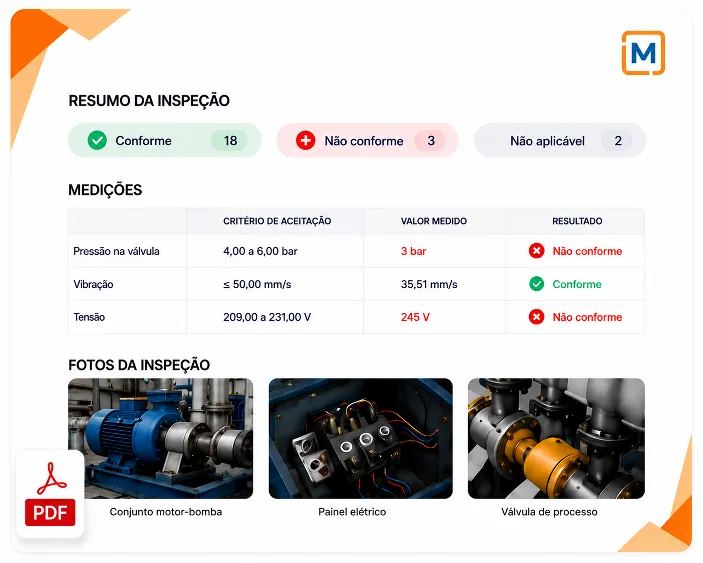 Relatório de inspeção em PDF com a marca da empresa