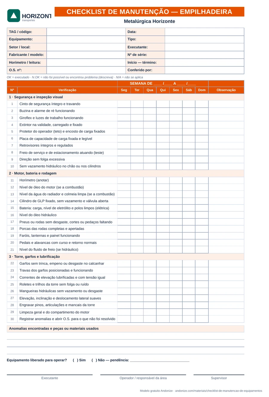 Folha da semana do checklist de manutenção de uma empilhadeira: os mesmos itens de rotina com sete colunas de marcação, de segunda a domingo, e a coluna de observação