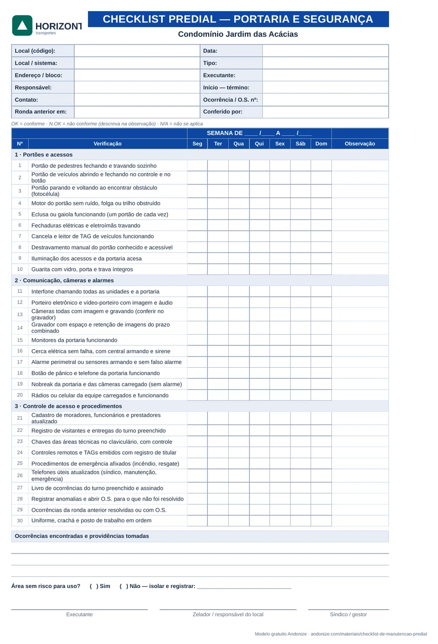 Folha da semana do checklist de portaria e segurança: os mesmos itens de ronda com sete colunas de marcação, de segunda a domingo, e a coluna de observação
