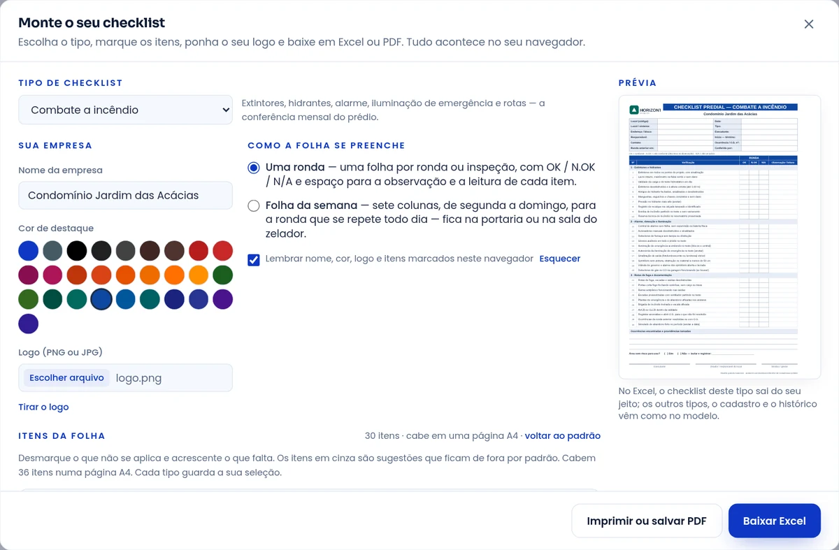 Tela de personalização do checklist predial: seletor do tipo de ronda no alto, campos de nome da empresa, paleta de cores e logo à esquerda, os três blocos de itens com caixas de marcar e um campo para acrescentar item próprio, e a prévia da folha montada à direita