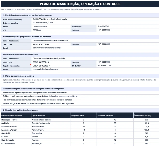 Aba PMOC da planilha, com as seções cadastrais do Anexo I numa página: identificação do ambiente, do proprietário e do responsável técnico com registro no conselho e número da ART, plano de manutenção, recomendações aos usuários e a relação dos ambientes climatizados com ocupantes e área
