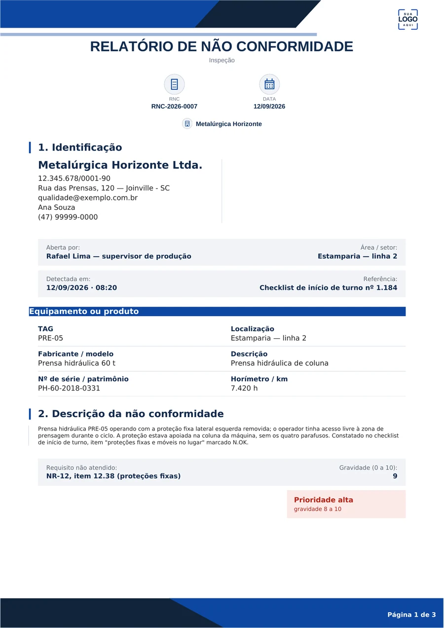 Primeira página do relatório de não conformidade preenchido: número RNC-2026-0007, origem inspeção, identificação da empresa, quem abriu, área, data e hora da detecção, referência ao checklist de origem, quadro da prensa hidráulica PRE-05, descrição da não conformidade, requisito NR-12 item 12.38, gravidade 9 e o cartão de prioridade alta