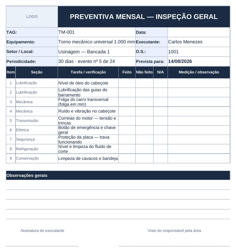 Folha de campo da planilha para a preventiva mensal de um torno mecânico: cabeçalho com TAG, equipamento, setor, executante, O.S., periodicidade e data prevista, e nove tarefas com as colunas Feito, Não feito, N/A e Medição / observação