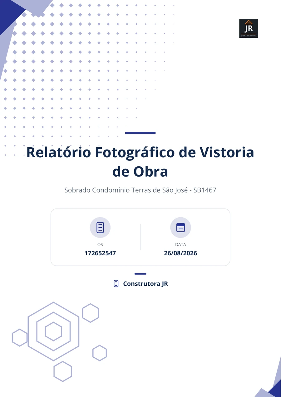 Capa de um relatório fotográfico de vistoria de obra gerado no Andonize, com título, número da O.S., data e nome da construtora