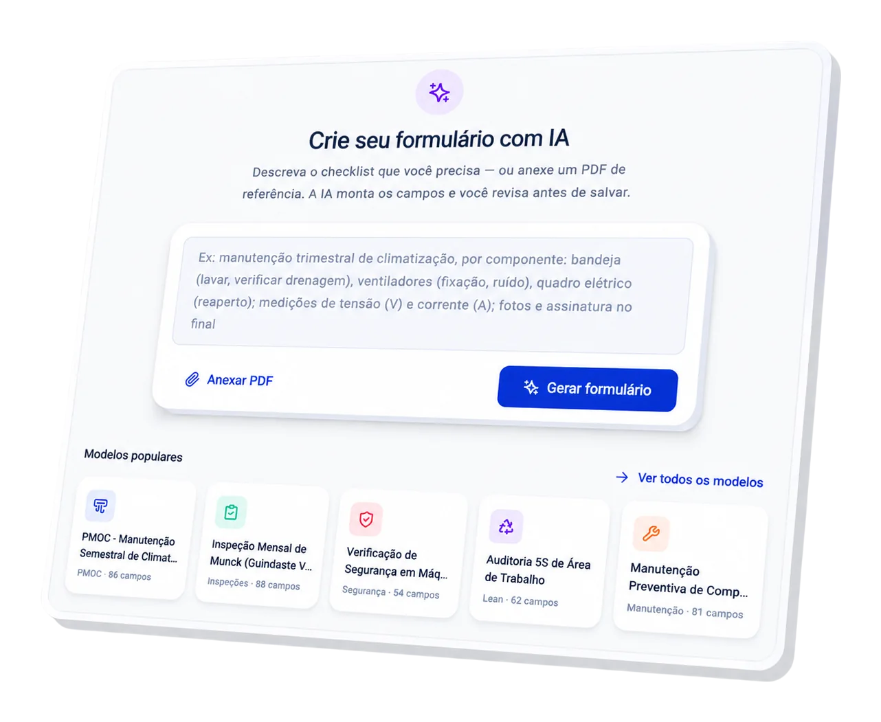 Tela do Andonize criando um formulário de checklist por IA, com as seções e os itens gerados a partir de uma descrição em texto