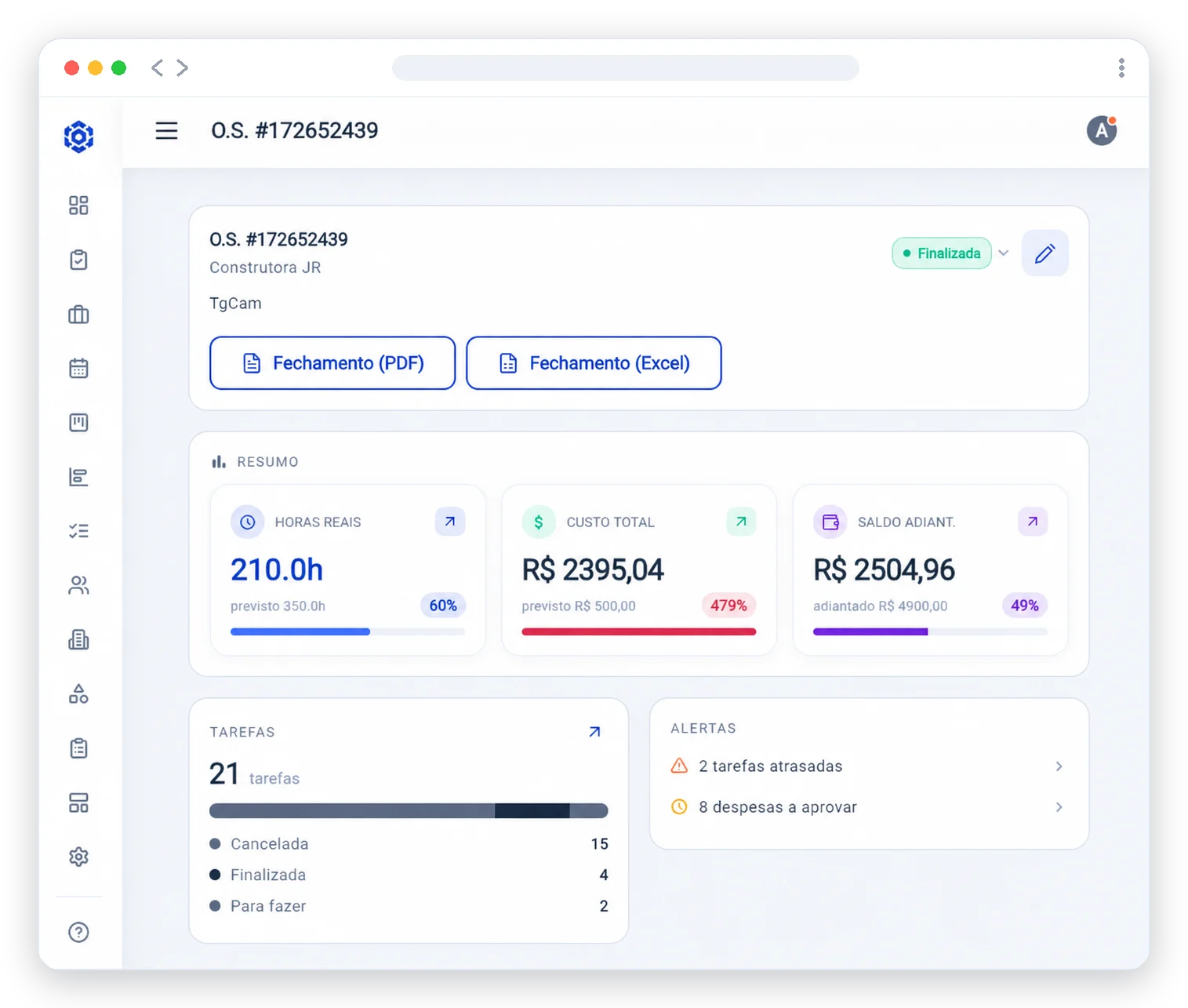 Tela de uma ordem de serviço no Andonize, com status finalizada, botões de fechamento em PDF e Excel, resumo de horas reais, custo total e saldo de adiantamento, contagem de tarefas e alertas de tarefas atrasadas e despesas a aprovar