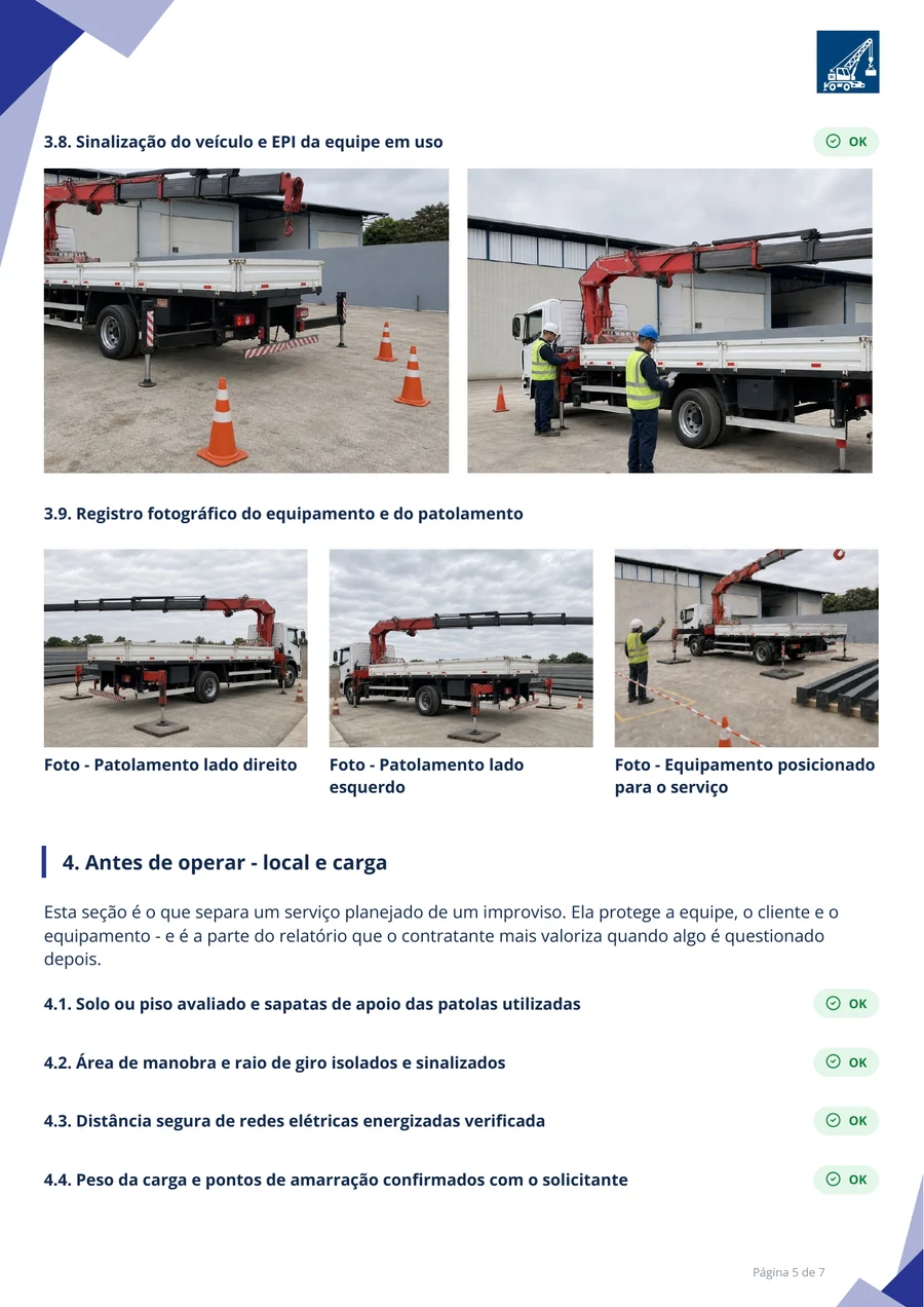 Página do relatório de serviço com o registro fotográfico do patolamento e da sinalização, e o checklist de local e carga com selos de conformidade