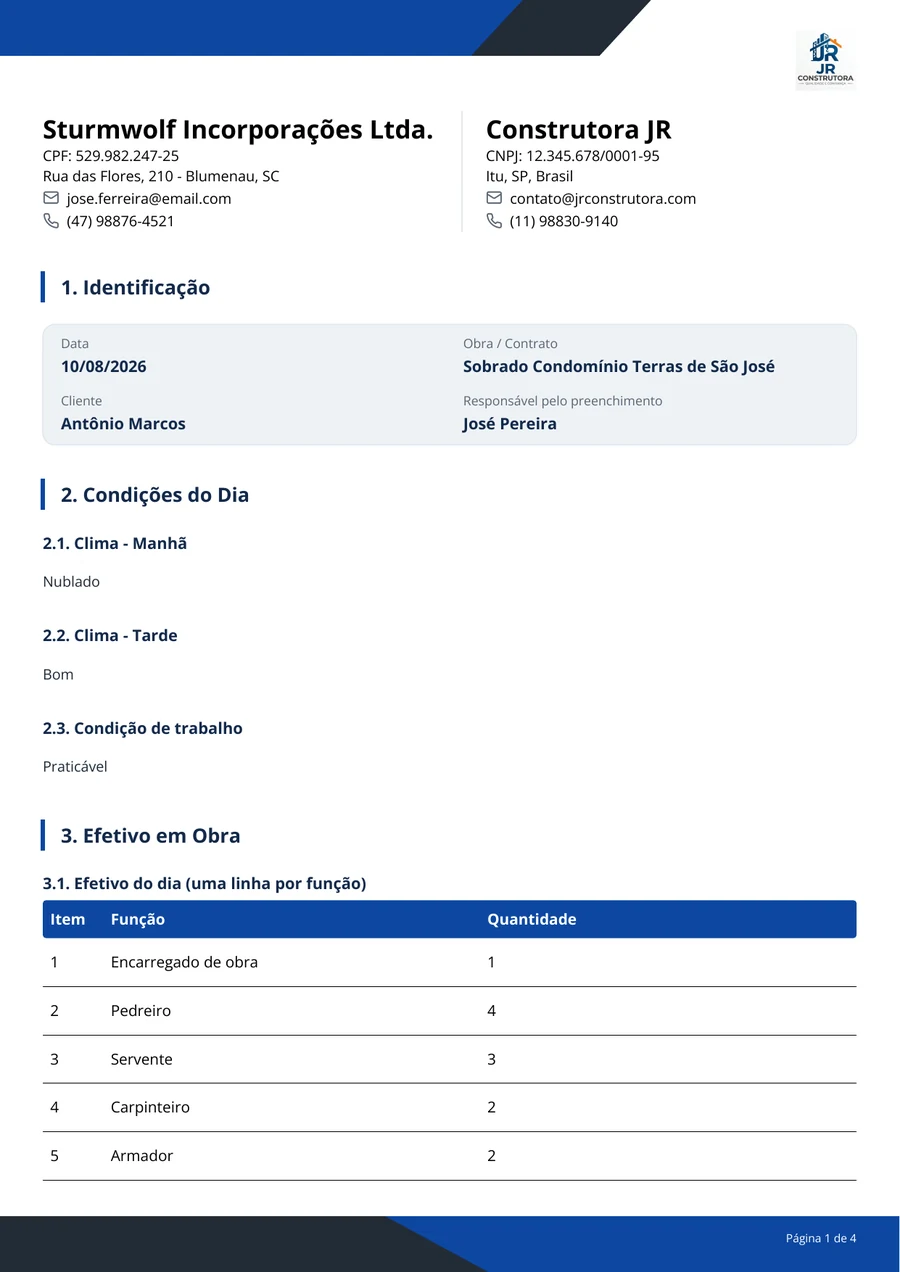 Primeira página do Diário de Obra: identificação da obra, clima da manhã e da tarde, condição de trabalho e efetivo por função