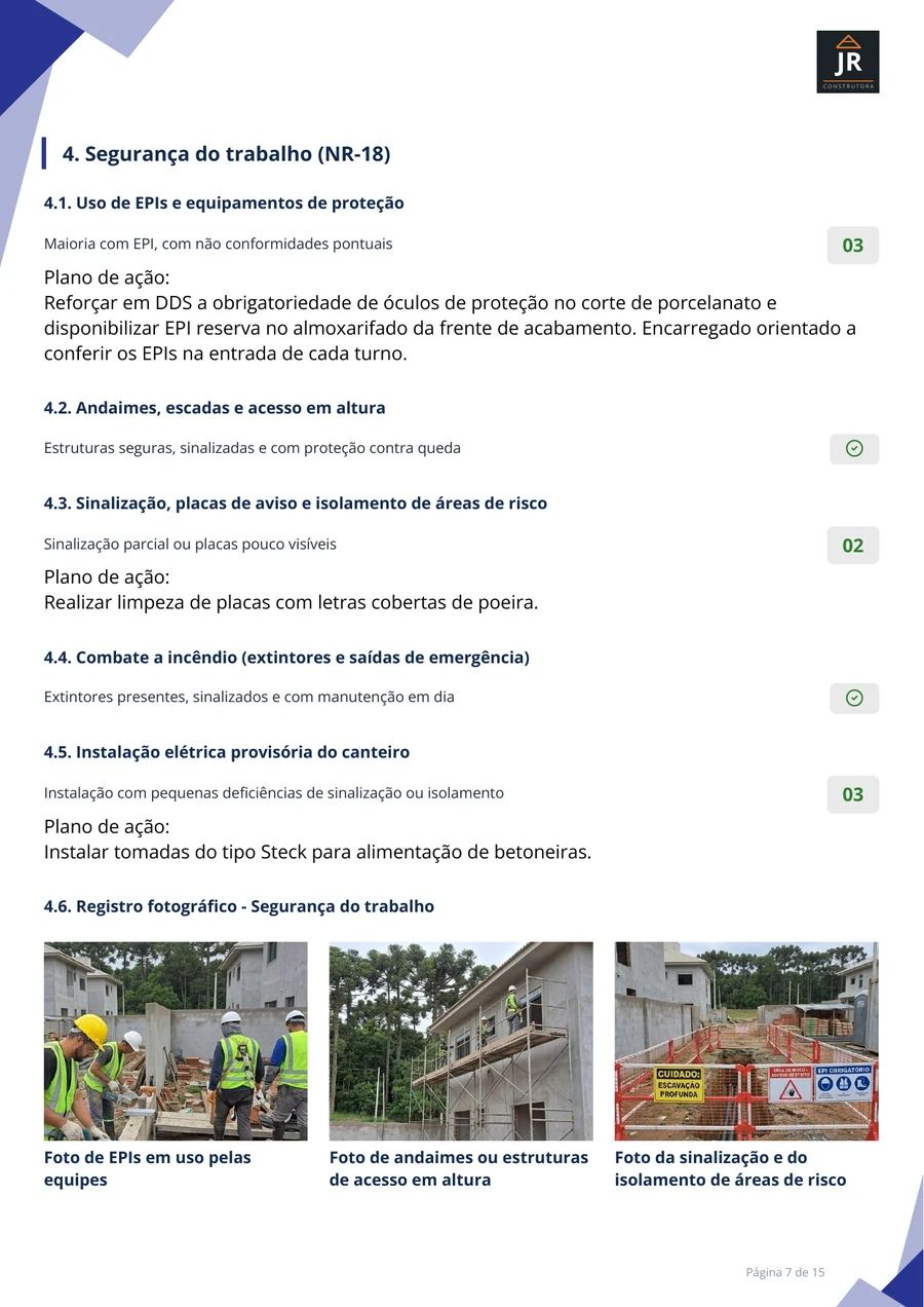 Página de segurança do trabalho de um relatório fotográfico de obra, com fotos de EPIs, andaimes e sinalização de áreas de risco, cada uma com plano de ação