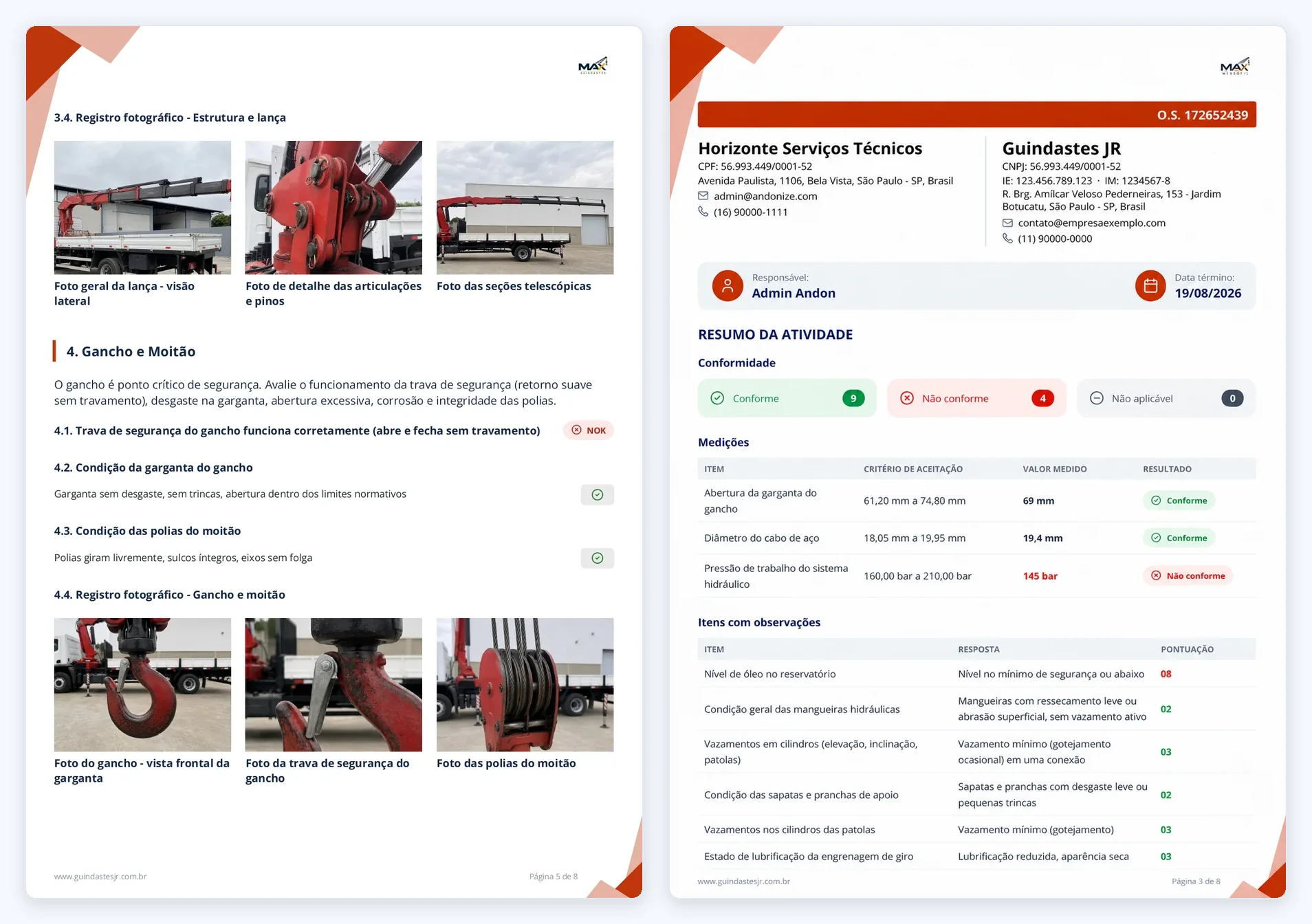 Registro fotográfico no relatório em PDF: à esquerda as fotos da lança e do gancho com legenda em cada uma, ao lado da resposta do checklist; à direita o resumo da inspeção com conformidade, medições e itens com observações.