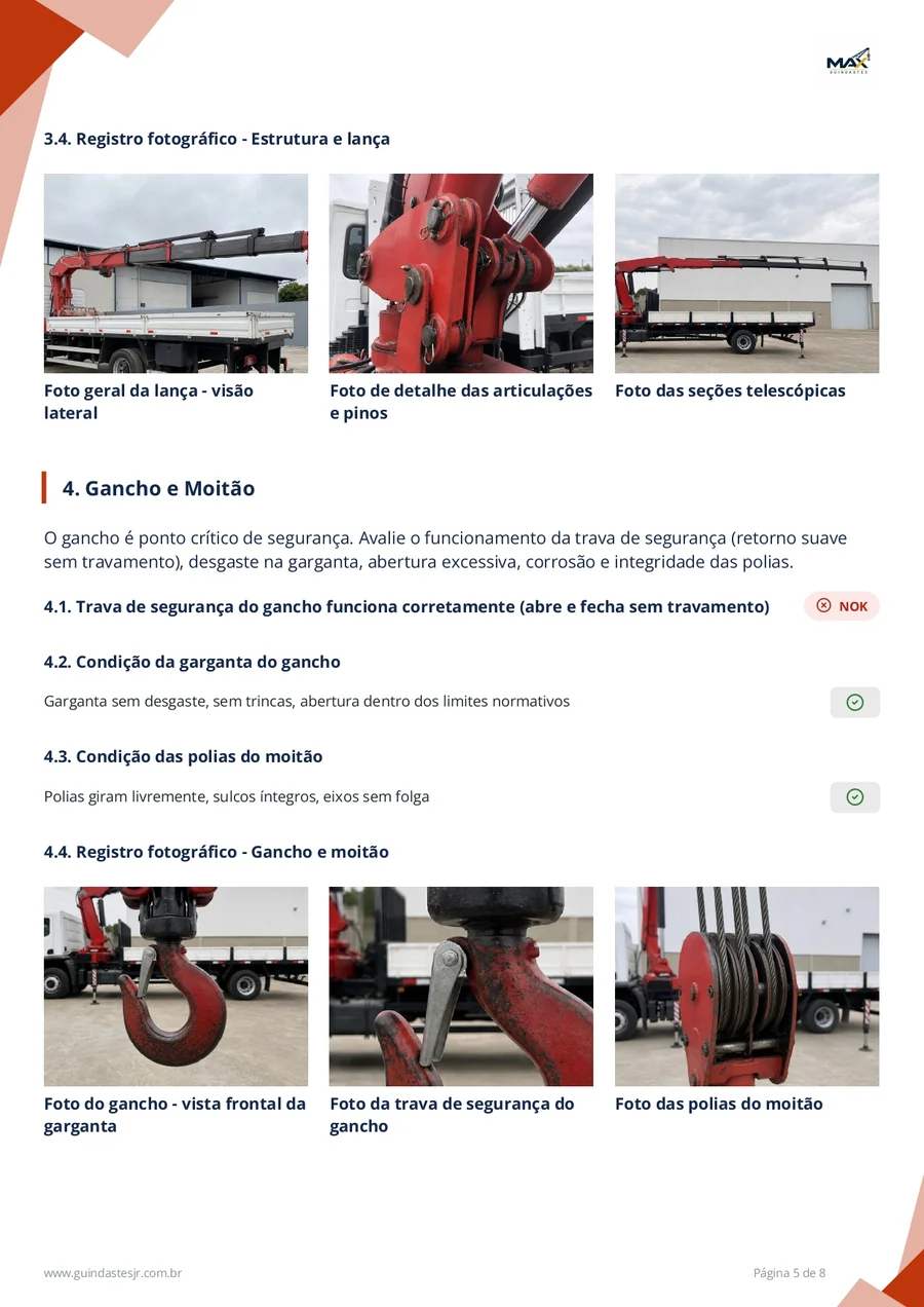 Página de registro fotográfico do relatório em PDF: fotos da lança e do gancho do caminhão Munck, cada uma com a sua legenda, dentro do item verificado do checklist.